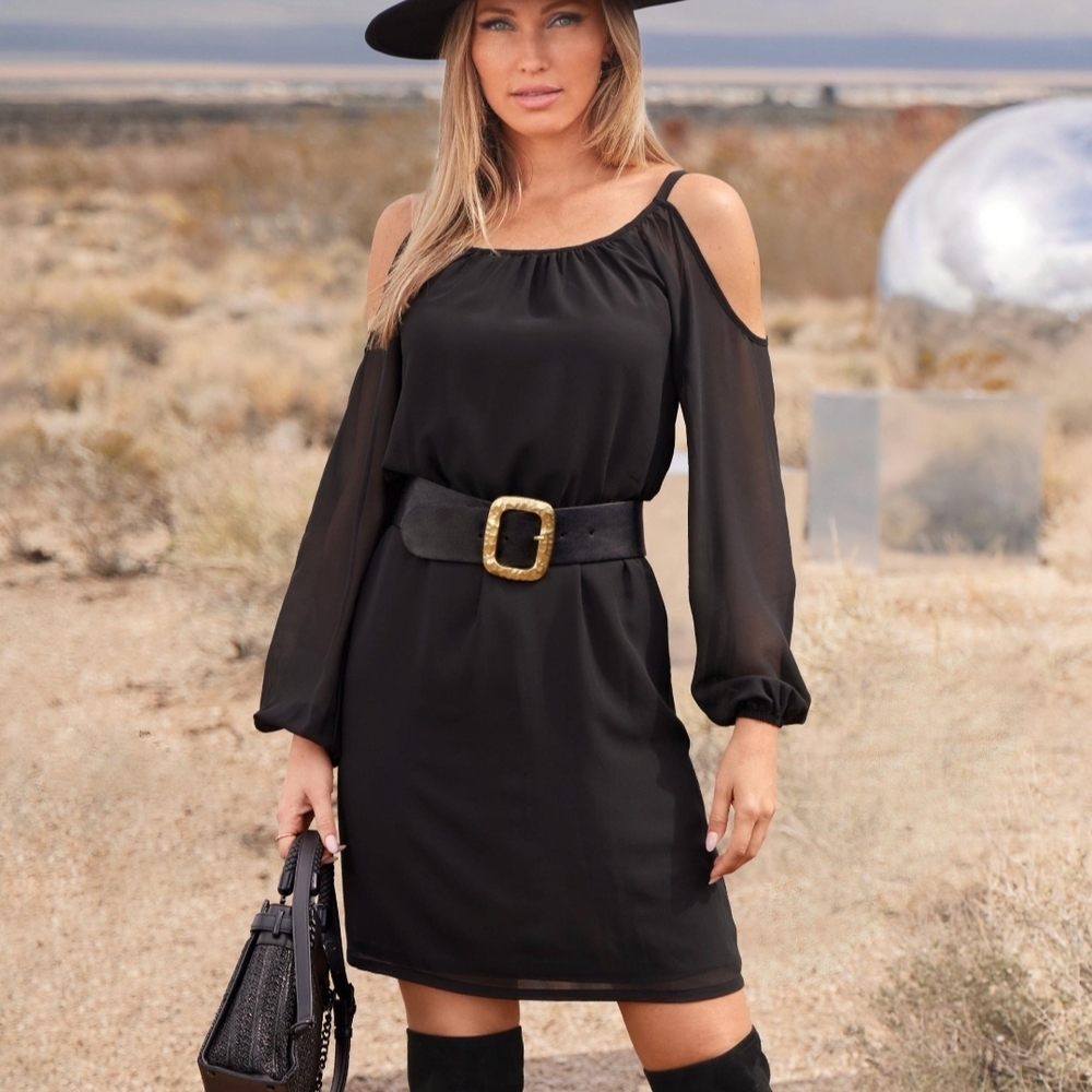 Pricw Drop! Versatile Scoop Neck Black Cold Shoulder Dress - SZ M